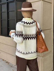 Strévra Autumn/Winter White Round Neck Long Sleeve Cable Knit Slim Fit Ribbed Casual Women's Sweater - White - View 2