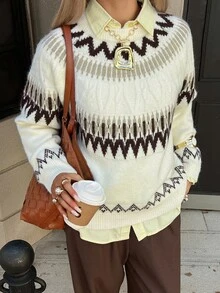 Strévra Autumn/Winter White Round Neck Long Sleeve Cable Knit Slim Fit Ribbed Casual Women's Sweater - White - View 5