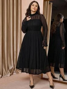 Comfylo Plus Mock Neck Flounce Sleeve Mesh Dress Fall - Black - View 3