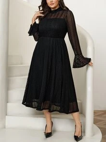 Comfylo Plus Mock Neck Flounce Sleeve Mesh Dress Fall - Black - View 4