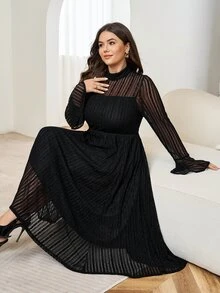 Comfylo Plus Mock Neck Flounce Sleeve Mesh Dress Fall - Black - View 6
