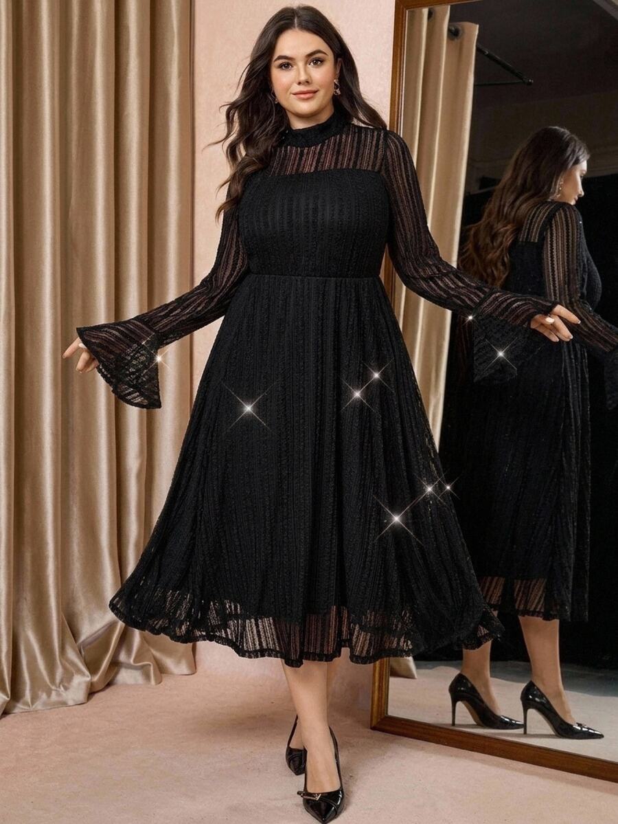 Comfylo Plus Mock Neck Flounce Sleeve Mesh Dress Fall - Black - View 1