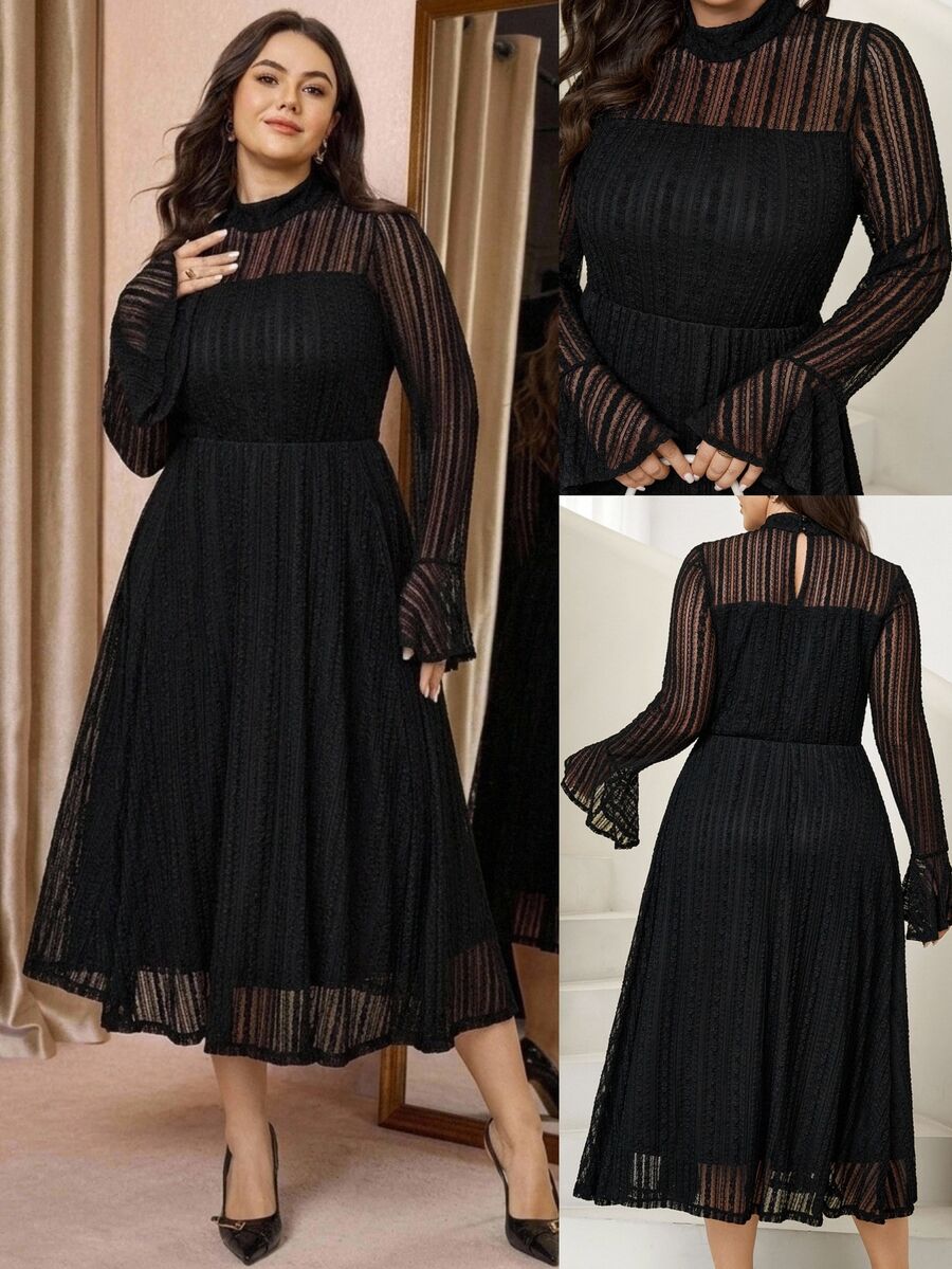 Comfylo Plus Mock Neck Flounce Sleeve Mesh Dress Fall - Black - View 1