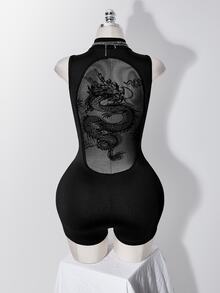 SHEIN ICON Women's Plus Size Retro Sexy Millennial Style Y2K Avant-Garde Bold Back Mesh Flocked Dragon Pattern Black Romper - Black - View 9