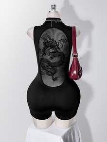 SHEIN ICON Women's Plus Size Retro Sexy Millennial Style Y2K Avant-Garde Bold Back Mesh Flocked Dragon Pattern Black Romper - Black - View 10