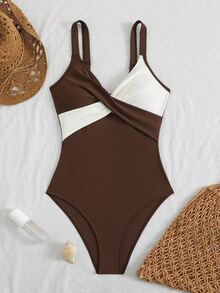 SHEIN Swim 條紋特殊面料交叉胸口設計連身泳衣 - 彩色 - 查看 5
