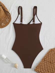 SHEIN Swim 條紋特殊面料交叉胸口設計連身泳衣 - 彩色 - 查看 2