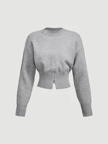 SHEIN MOD 淺灰色圓領落肩長袖寬鬆腰部毛衣 - 淺灰色 - 查看 3