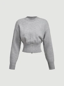 SHEIN MOD 淺灰色圓領落肩長袖寬鬆腰部毛衣 - 淺灰色 - 查看 5