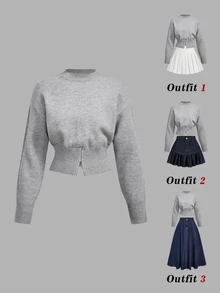 SHEIN MOD 淺灰色圓領落肩長袖寬鬆腰部毛衣 - 淺灰色 - 查看 1