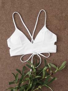 Swim Mod Summer Beach Cut-Out Tie Back Bikini Top - White - View 1