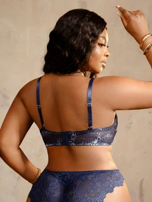 Bare Chapter Plus Size Lace Patchwork Lingerie Set 2 Pieces Blue Fall Sexy - Navy Blue - View 2