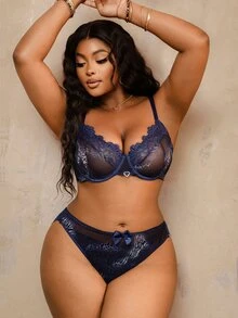 Bare Chapter Plus Size Lace Patchwork Lingerie Set 2 Pieces Blue Fall Sexy - Navy Blue - View 5