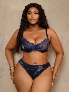 Bare Chapter Plus Size Lace Patchwork Lingerie Set 2 Pieces Blue Fall Sexy - Navy Blue - View 4