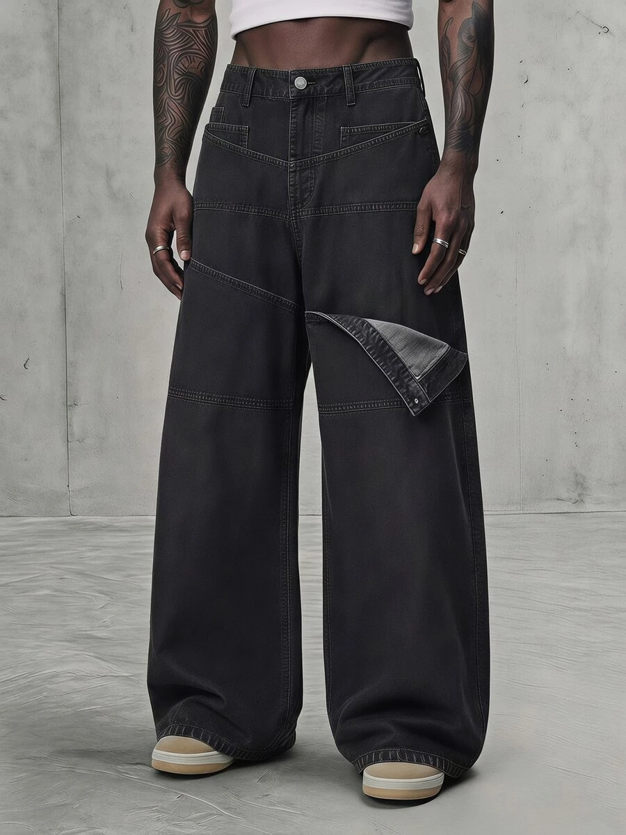 AXEPEAK Men's Washed Black Gray 4-Button Detachable Waist Fashion Long Pants - Black - View 1