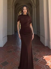 Aloruh Elegant,Brown,Summer,Formal,Evening,Wedding Chiffon Dress,Simple Stylish Cross-Over Sleeves Ruffled Details Bridesmaid Guest Party Photo Shoot Gown - Coffee - View 5