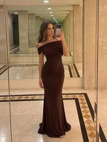 Aloruh Elegant,Brown,Summer,Formal,Evening,Wedding Chiffon Dress,Simple Stylish Cross-Over Sleeves Ruffled Details Bridesmaid Guest Party Photo Shoot Gown - Coffee - View 4