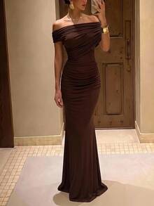 Aloruh Elegant,Brown,Summer,Formal,Evening,Wedding Chiffon Dress,Simple Stylish Cross-Over Sleeves Ruffled Details Bridesmaid Guest Party Photo Shoot Gown - Coffee - View 3