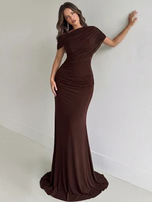 Aloruh Elegant,Brown,Summer,Formal,Evening,Wedding Chiffon Dress,Simple Stylish Cross-Over Sleeves Ruffled Details Bridesmaid Guest Party Photo Shoot Gown - Coffee - View 6