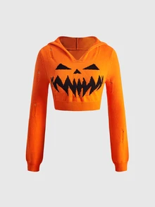 Sweetness Women's Autumn/Winter Halloween Hooded Cropped Sweater, Orange Pumpkin Women's Halloween Costume - Multicolor - View 5