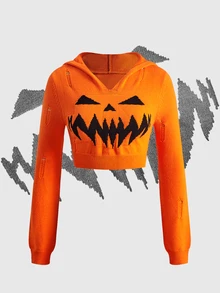 Sweetness Women's Autumn/Winter Halloween Hooded Cropped Sweater, Orange Pumpkin Women's Halloween Costume - Multicolor - View 1