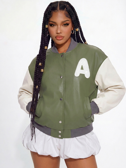 Gowayae Gowayae Jaket Baseball Wanita Gaya Kampus Kasual Vintage Musim Semi/Gugur, Warna Hijau & Putih, Potongan Longgar, Bahu Turun, Memberikan Efek Melangsingkan, Bordir Huruf A, Kerah Bergaris, Penutup Depan Empat Kancing
