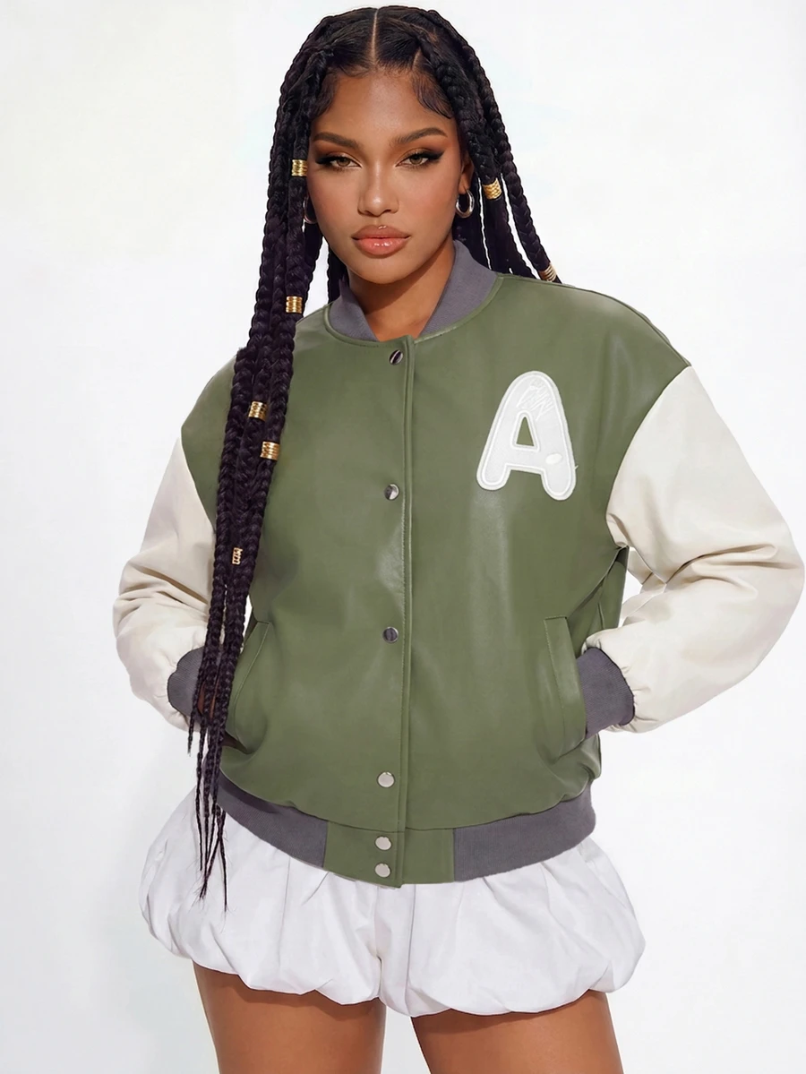 Gowayae Gowayae Jaket Baseball Wanita Gaya Kampus Kasual Vintage Musim Semi/Gugur, Warna Hijau & Putih, Potongan Longgar, Bahu Turun, Memberikan Efek Melangsingkan, Bordir Huruf A, Kerah Bergaris, Penutup Depan Empat Kancing - MultiWarna - View 1