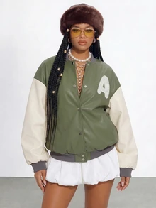 Gowayae Gowayae Jaket Baseball Wanita Gaya Kampus Kasual Vintage Musim Semi/Gugur, Warna Hijau & Putih, Potongan Longgar, Bahu Turun, Memberikan Efek Melangsingkan, Bordir Huruf A, Kerah Bergaris, Penutup Depan Empat Kancing - MultiWarna - View 4
