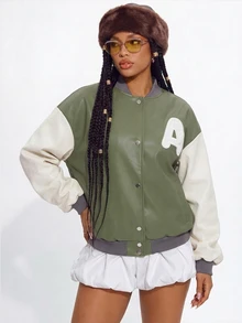 Gowayae Gowayae Jaket Baseball Wanita Gaya Kampus Kasual Vintage Musim Semi/Gugur, Warna Hijau & Putih, Potongan Longgar, Bahu Turun, Memberikan Efek Melangsingkan, Bordir Huruf A, Kerah Bergaris, Penutup Depan Empat Kancing - MultiWarna - View 5