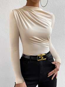 VaVaBold Elegant Commuter Solid Color Ruched Fitted Long Sleeve T-Shirt - Apricot - View 6