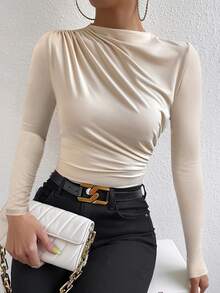 VaVaBold Elegant Commuter Solid Color Ruched Fitted Long Sleeve T-Shirt - Apricot - View 1