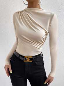 VaVaBold Elegant Commuter Solid Color Ruched Fitted Long Sleeve T-Shirt - Apricot - View 5
