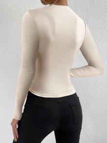VaVaBold Elegant Commuter Solid Color Ruched Fitted Long Sleeve T-Shirt - Apricot - View 2