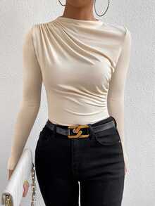 VaVaBold Elegant Commuter Solid Color Ruched Fitted Long Sleeve T-Shirt - Apricot - View 3