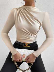 VaVaBold Elegant Commuter Solid Color Ruched Fitted Long Sleeve T-Shirt - Apricot - View 4