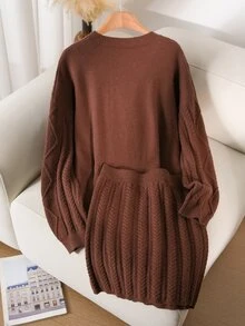 CosyJoli Plus Size Elegant French Casual Textured 3D Two Pieces Set Sweater Top & Skirt, Autumn/Winter - Mocha Brown - View 3