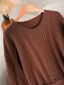 CosyJoli Plus Size Elegant French Casual Textured 3D Two Pieces Set Sweater Top & Skirt, Autumn/Winter - Mocha Brown - View 5