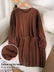 CosyJoli Plus Size Elegant French Casual Textured 3D Two Pieces Set Sweater Top & Skirt, Autumn/Winter - Mocha Brown - View 4