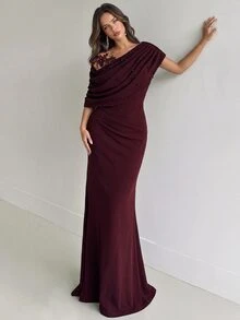 Aloruh Elegant Black Elastic Knit Contrast Mesh Asymmetric Ruffled Shoulder Mermaid Hem Dress,Luxurious Applique,Beads & Rhinestones Evening Party Gown,Party - Maroon - View 9