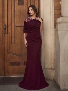 Aloruh Elegant Black Elastic Knit Contrast Mesh Asymmetric Ruffled Shoulder Mermaid Hem Dress,Luxurious Applique,Beads & Rhinestones Evening Party Gown,Party - Maroon - View 5