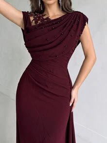 Aloruh Elegant Black Elastic Knit Contrast Mesh Asymmetric Ruffled Shoulder Mermaid Hem Dress,Luxurious Applique,Beads & Rhinestones Evening Party Gown,Party - Maroon - View 7