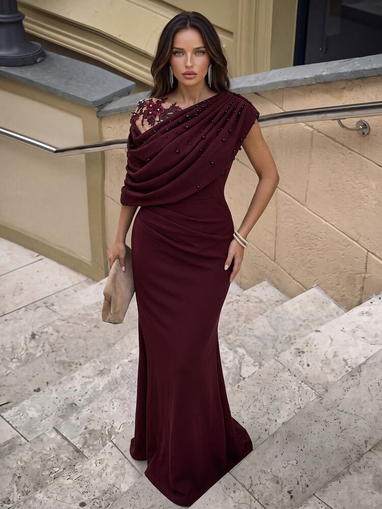 Aloruh Elegant Black Elastic Knit Contrast Mesh Asymmetric Ruffled Shoulder Mermaid Hem Dress,Luxurious Applique,Beads & Rhinestones Evening Party Gown,Party - Maroon - View 2