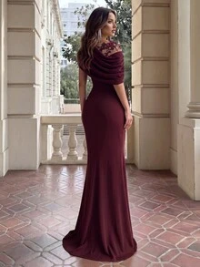 Aloruh Elegant Black Elastic Knit Contrast Mesh Asymmetric Ruffled Shoulder Mermaid Hem Dress,Luxurious Applique,Beads & Rhinestones Evening Party Gown,Party - Maroon - View 6