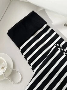 Elamini Celana Panjang Wanita Elegan Manis Gaya Prancis Kasual Garis-garis Hitam Putih Longgar Desain Patchwork untuk Sehari-hari, Formal, Liburan, Musim Gugur - Hitam dan Putih - View 6