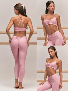 GLOWMODE 24" FeatherFit™-CloudBlend Studio Form Ruched Sports Bra With Adjustable Straps & Removable Cups Ballet Barre Studio Daily Casual - Dusty Pink - View 9