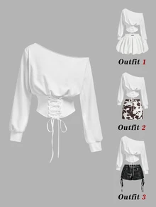 SHEIN MOD White Asymmetrical Shoulder Asymmetrical Tie Long Sleeve Sweatshirt - White - View 1