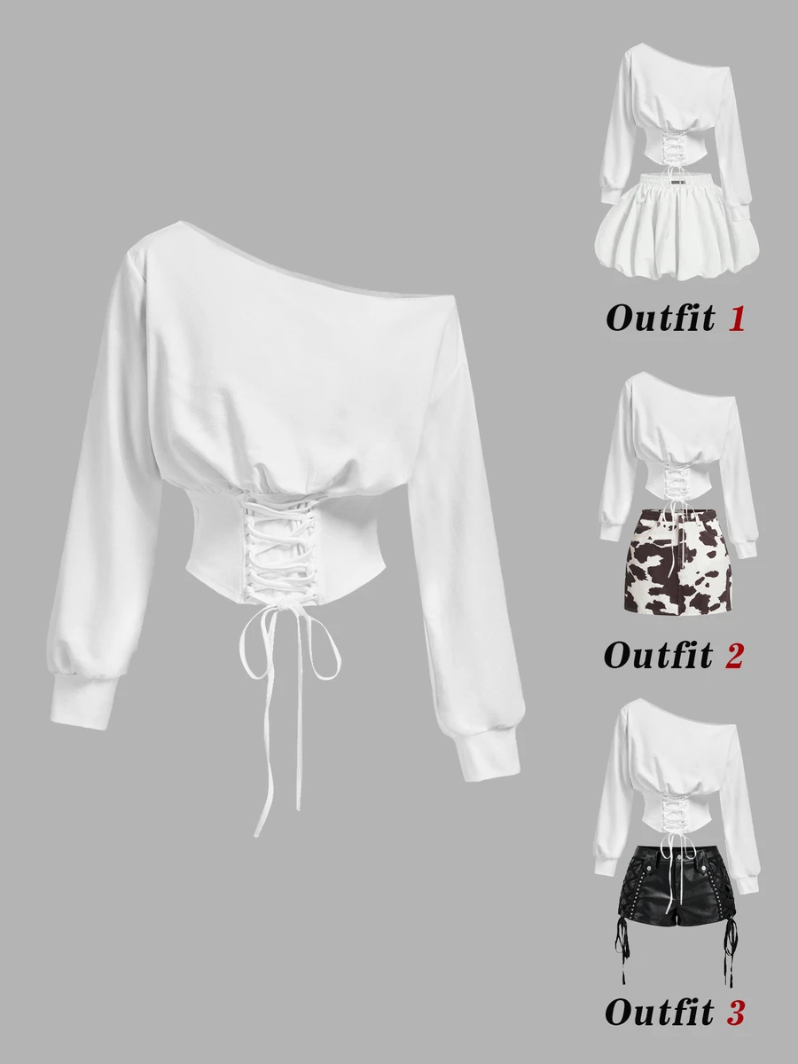 SHEIN MOD White Asymmetrical Shoulder Asymmetrical Tie Long Sleeve Sweatshirt - White - View 1