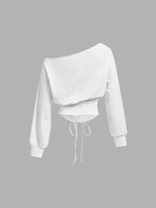 SHEIN MOD White Asymmetrical Shoulder Asymmetrical Tie Long Sleeve Sweatshirt - White - View 5