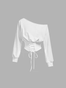 SHEIN MOD White Asymmetrical Shoulder Asymmetrical Tie Long Sleeve Sweatshirt - White - View 3