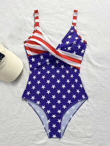 SHEIN Swim 藍白條紋特殊面料交叉胸口連身泳衣，適合海灘、泳池派對、度假，夏季性感休閒熱帶清新風 - 彩色 - 查看 6